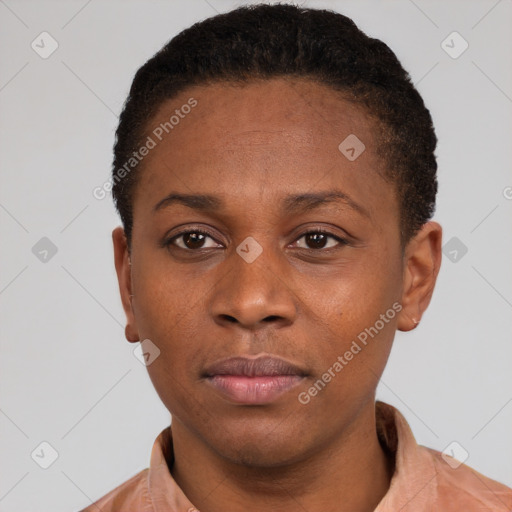 Neutral black young-adult female with short  brown hair and brown eyes