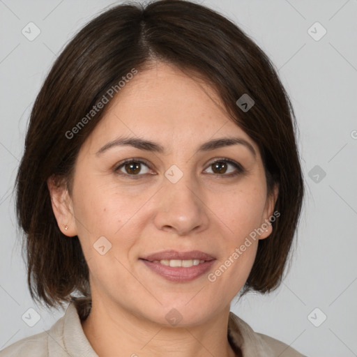 Joyful white adult female with medium  brown hair and brown eyes