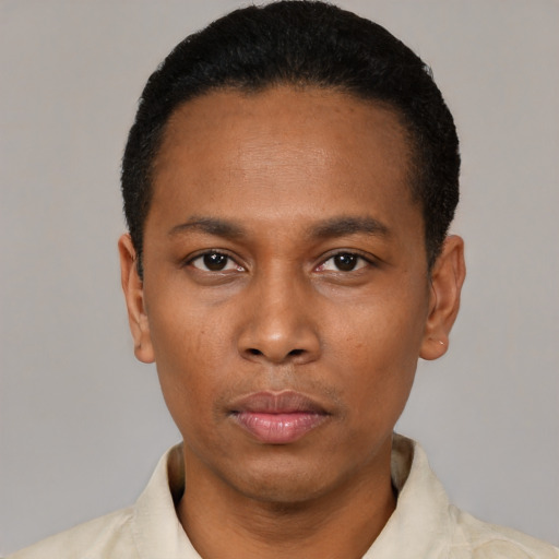 Neutral black young-adult male with short  black hair and brown eyes