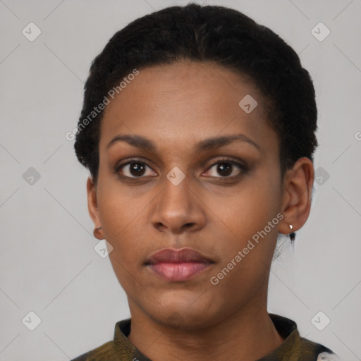 Neutral black young-adult female with short  black hair and brown eyes