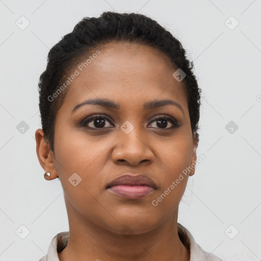 Joyful black young-adult female with short  brown hair and brown eyes