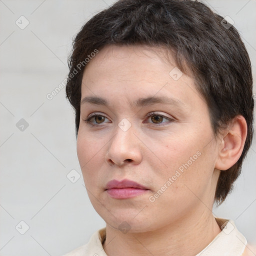 Neutral white young-adult female with short  brown hair and brown eyes