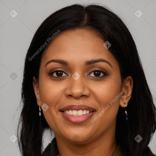 Joyful latino young-adult female with long  brown hair and brown eyes