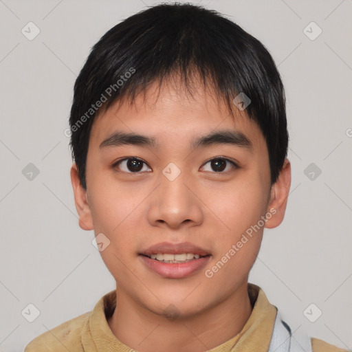 Joyful asian young-adult male with short  black hair and brown eyes