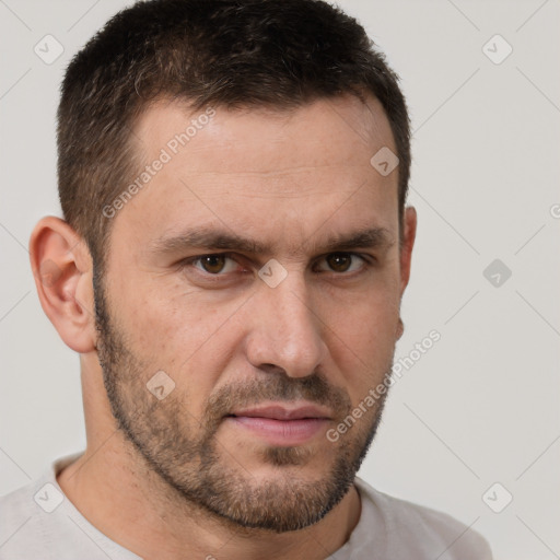 Neutral white adult male with short  brown hair and brown eyes