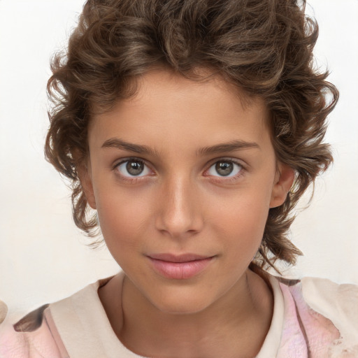 Joyful white child female with medium  brown hair and brown eyes