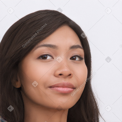 Neutral asian young-adult female with long  brown hair and brown eyes