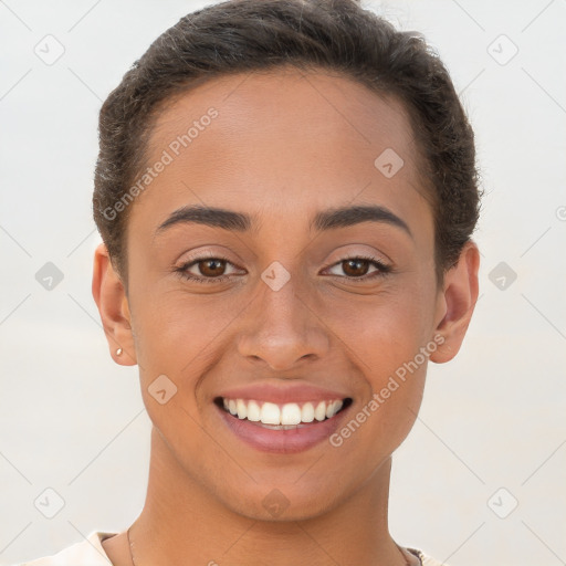 Joyful white young-adult female with short  brown hair and brown eyes