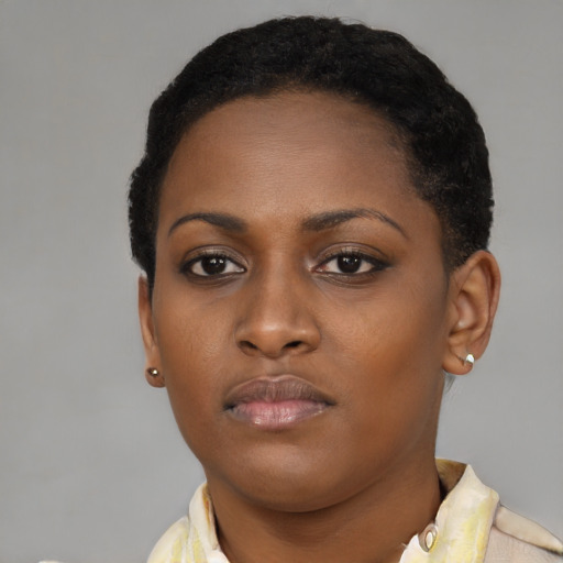 Neutral black young-adult female with short  brown hair and brown eyes
