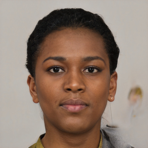 Neutral black young-adult female with short  black hair and brown eyes