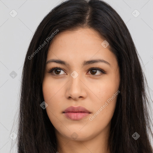 Neutral latino young-adult female with long  brown hair and brown eyes