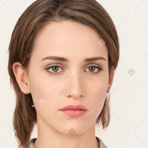 Neutral white young-adult female with medium  brown hair and grey eyes