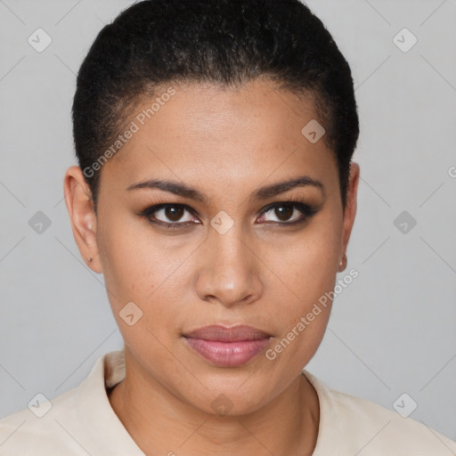 Joyful latino young-adult female with short  brown hair and brown eyes