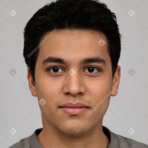 Neutral latino young-adult male with short  black hair and brown eyes