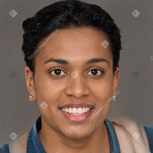 Joyful latino young-adult female with short  brown hair and brown eyes