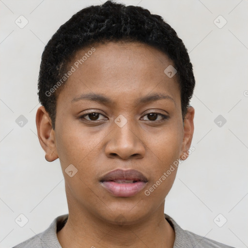 Neutral black young-adult female with short  brown hair and brown eyes