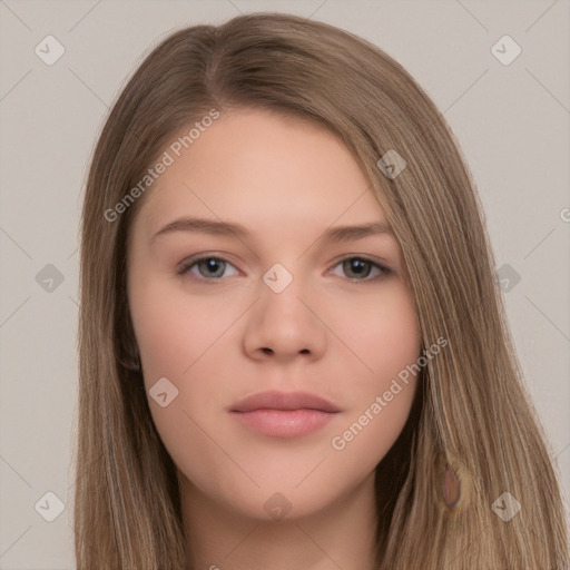 Neutral white young-adult female with long  brown hair and brown eyes