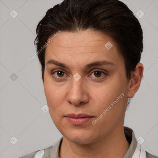 Neutral white young-adult female with short  brown hair and brown eyes