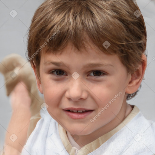 Joyful white child female with short  brown hair and brown eyes