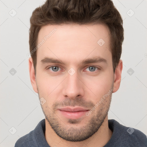 Neutral white young-adult male with short  brown hair and grey eyes