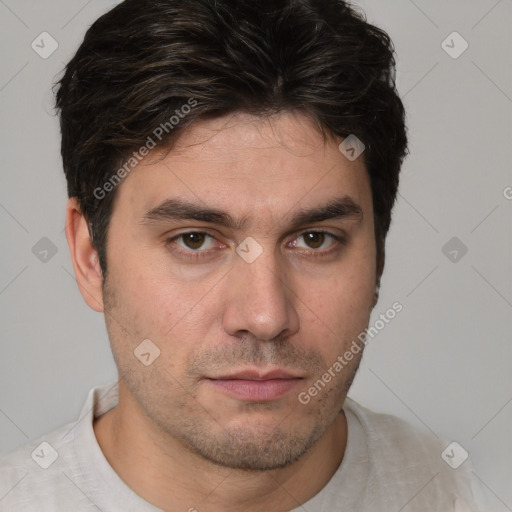 Neutral white young-adult male with short  brown hair and brown eyes