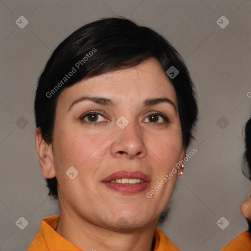 Joyful white adult female with short  brown hair and brown eyes