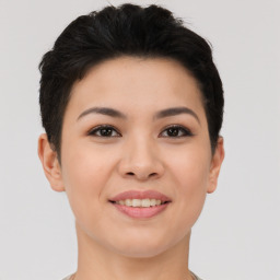 Joyful asian young-adult female with short  brown hair and brown eyes