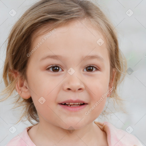 Joyful white child female with medium  brown hair and brown eyes