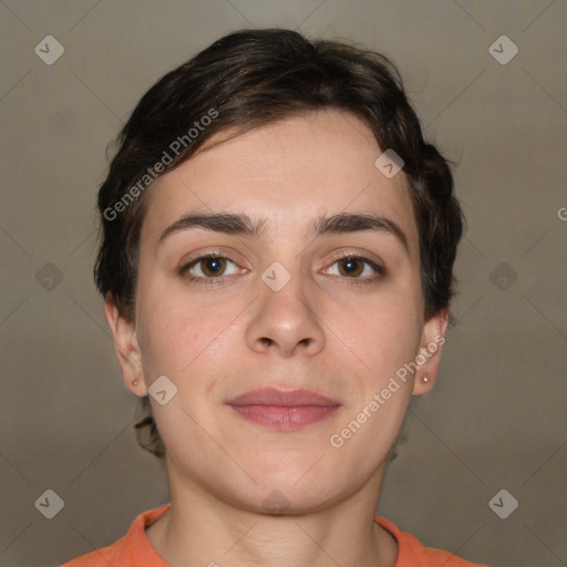 Joyful white young-adult female with short  brown hair and brown eyes