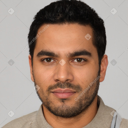 Neutral latino young-adult male with short  black hair and brown eyes