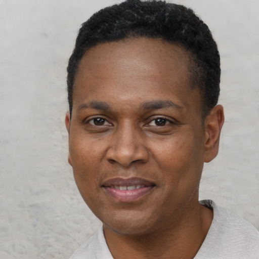 Joyful black adult male with short  black hair and brown eyes