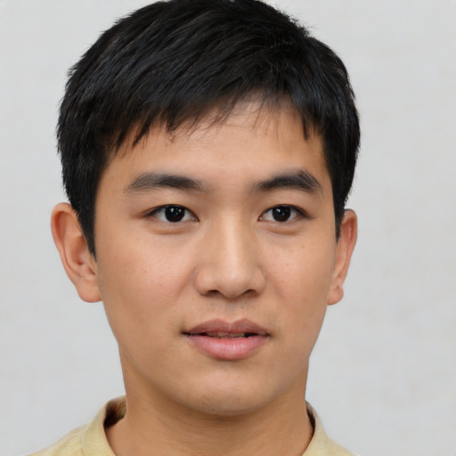 Neutral asian young-adult male with short  black hair and brown eyes