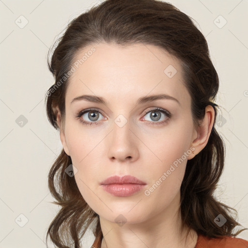 Neutral white young-adult female with medium  brown hair and grey eyes