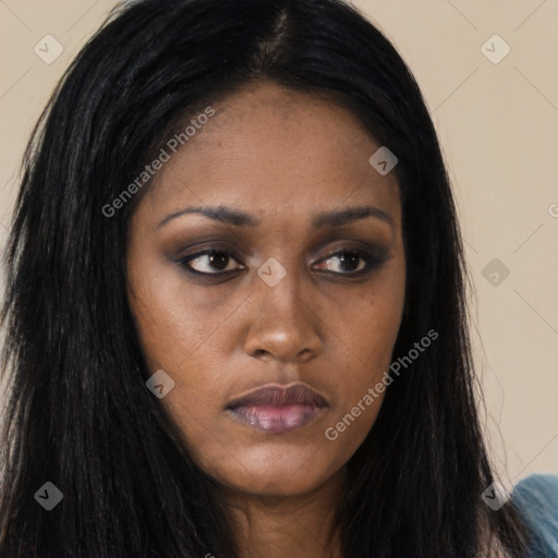 Joyful asian young-adult female with long  brown hair and brown eyes