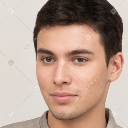 Neutral white young-adult male with short  brown hair and brown eyes