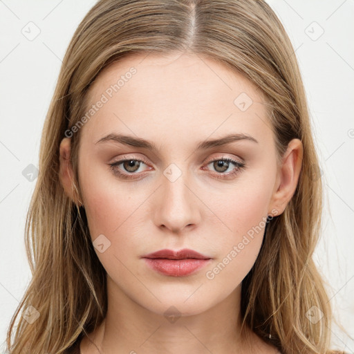 Neutral white young-adult female with long  brown hair and grey eyes