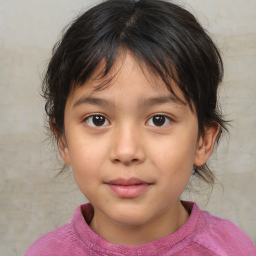 Joyful white child female with medium  brown hair and brown eyes