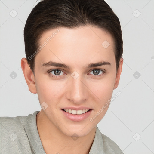 Joyful white young-adult female with short  brown hair and brown eyes