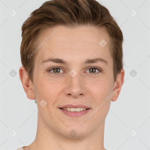 Joyful white young-adult female with short  brown hair and grey eyes