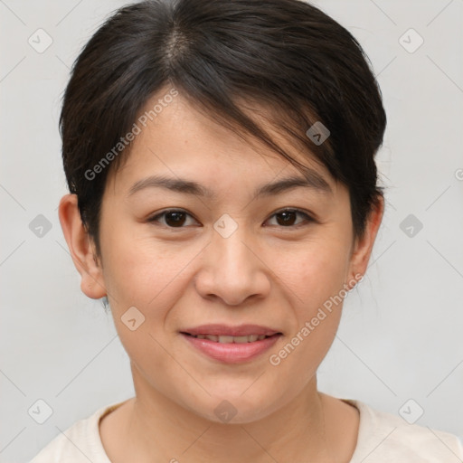 Joyful white young-adult female with medium  brown hair and brown eyes