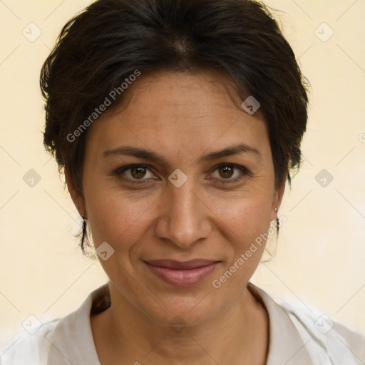 Joyful white adult female with medium  brown hair and brown eyes