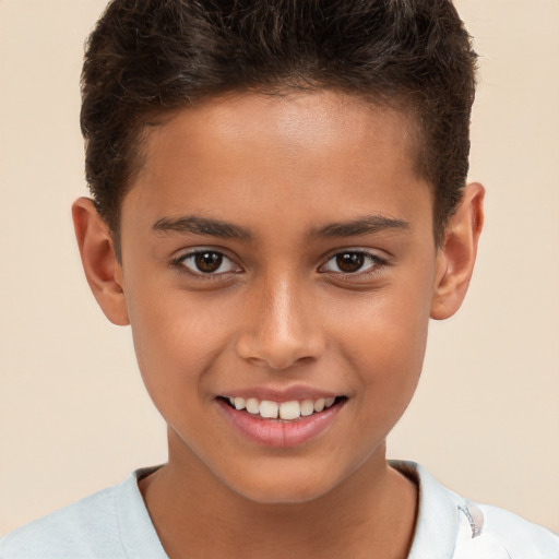 Joyful white child male with short  brown hair and brown eyes