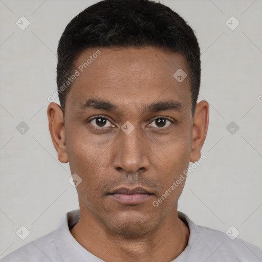 Neutral black young-adult male with short  black hair and brown eyes