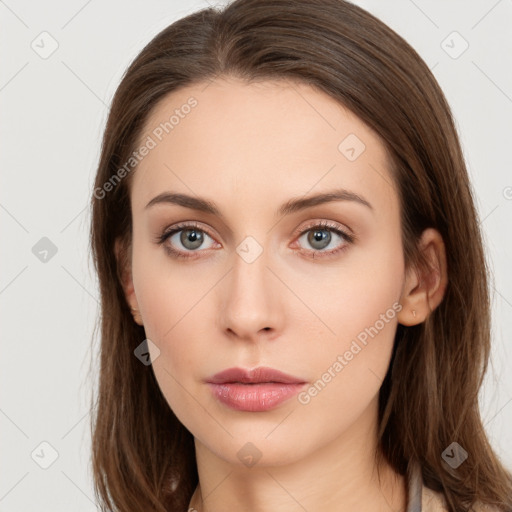 Neutral white young-adult female with long  brown hair and grey eyes