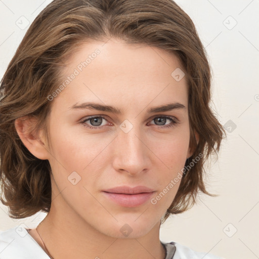 Neutral white young-adult female with medium  brown hair and brown eyes