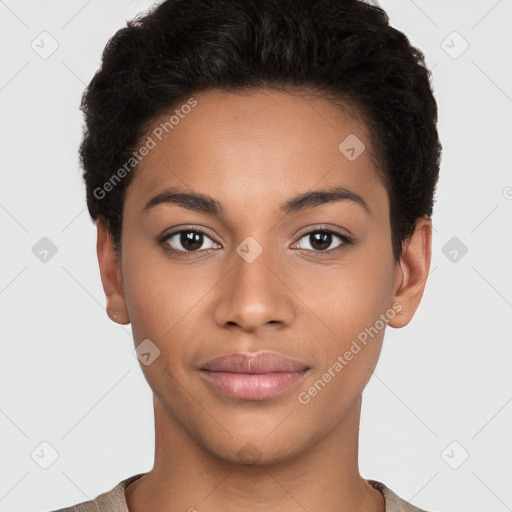 Joyful latino young-adult female with short  brown hair and brown eyes