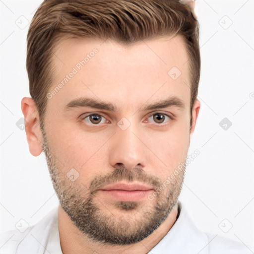 Neutral white young-adult male with short  brown hair and brown eyes