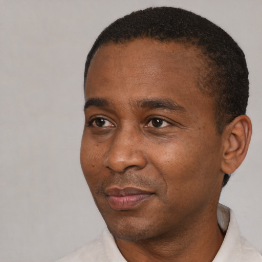 Joyful black adult male with short  black hair and brown eyes