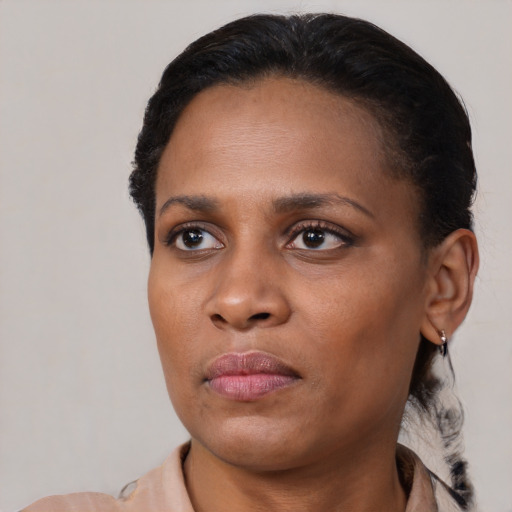 Neutral black young-adult female with short  black hair and brown eyes