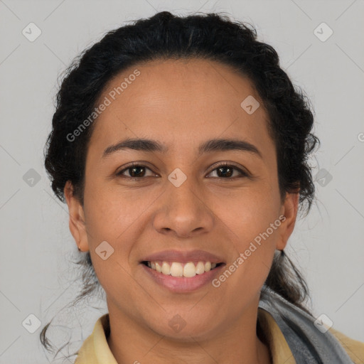 Joyful latino young-adult female with medium  brown hair and brown eyes